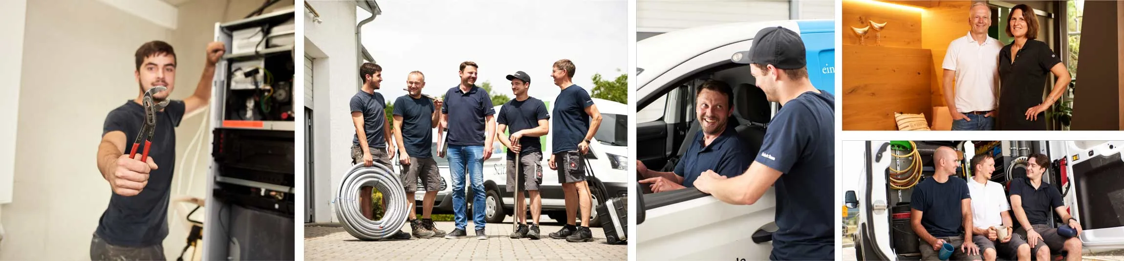 Ein motiviertes Team eines modernen Handwerksbetriebs: Engagierte Techniker bei Sanitär-, Heizungs- und Elektroinstallationen, im Austausch mit Kollegen sowie das erfahrene Inhaberpaar, das Qualität und Kundenservice des Fachbetriebs verkörpert.