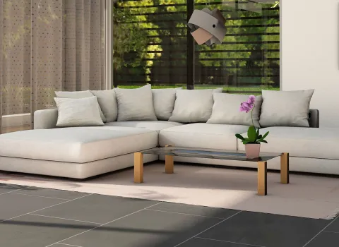 Fotorealistische 3D-Planung - Wohnzimmer mit dunklen Fliesen.