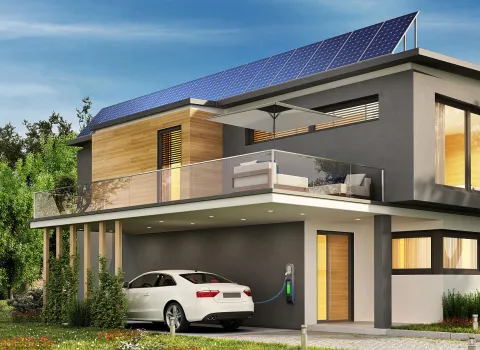 Ein modernes, zweistöckiges Haus mit Solarzellen auf dem Dach und einer Ladestation für Elektroautos.