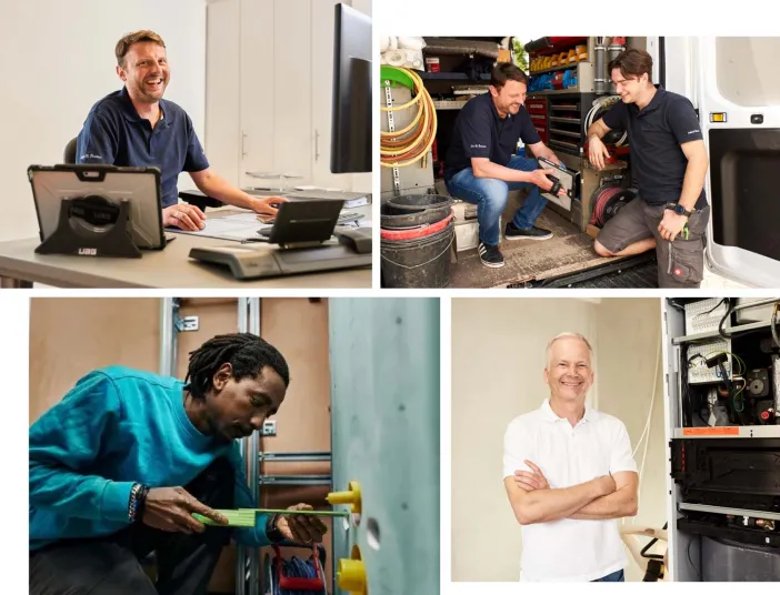 Dieses Collage-Bild präsentiert das professionelle Sais & Braun Handwerkerteam: Büroarbeit, mobile Installateure im Servicefahrzeug, präzise Montagearbeiten und die Wartung einer Heizungsanlage. Umfassender Service und Kompetenz.