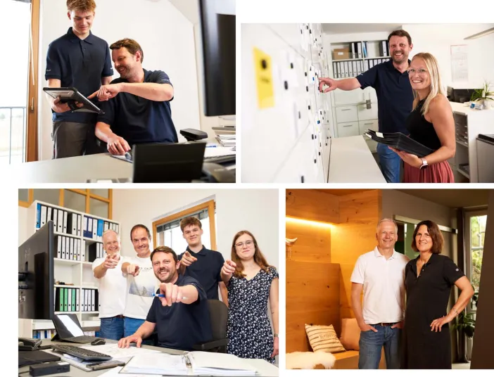 Ein dynamisches Team in einem modernen Büro: Mitarbeiter arbeiten digital am Tablet, organisieren Projekte an der Pinnwand, zeigen Teamgeist und die Unternehmensleitung repräsentiert Professionalität.