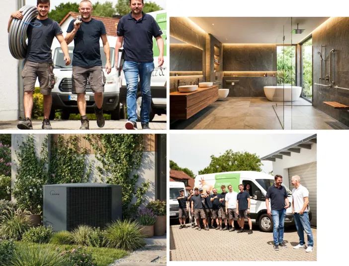 Vierteiliges Bild: Engagiertes Heizungs- und Sanitärteam mit Rohren und Werkzeugen, Installation einer Solvis Wärmepumpe im Garten und luxuriöses Bad mit freistehender Wanne. Zeigt umfassende Dienstleistungen für Hausbesitzer.