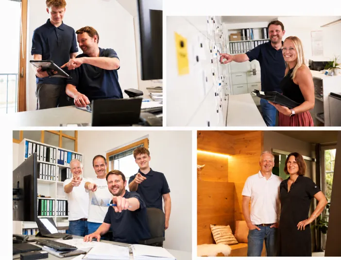 Ein dynamisches Team in einem modernen Büro: Mitarbeiter arbeiten digital am Tablet, organisieren Projekte an der Pinnwand, zeigen Teamgeist und die Unternehmensleitung repräsentiert Professionalität.